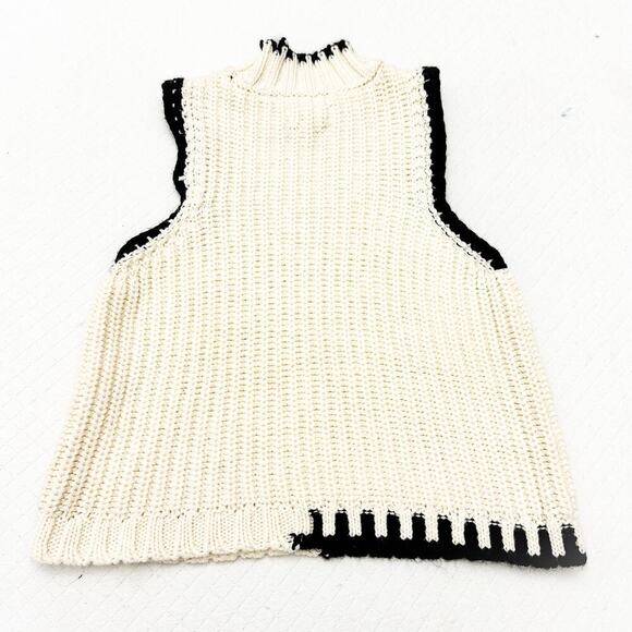 Reserved Poland Cream Sleeveless Knit Crochet Sweater Black Trim Size M - Picture 2 of 6
